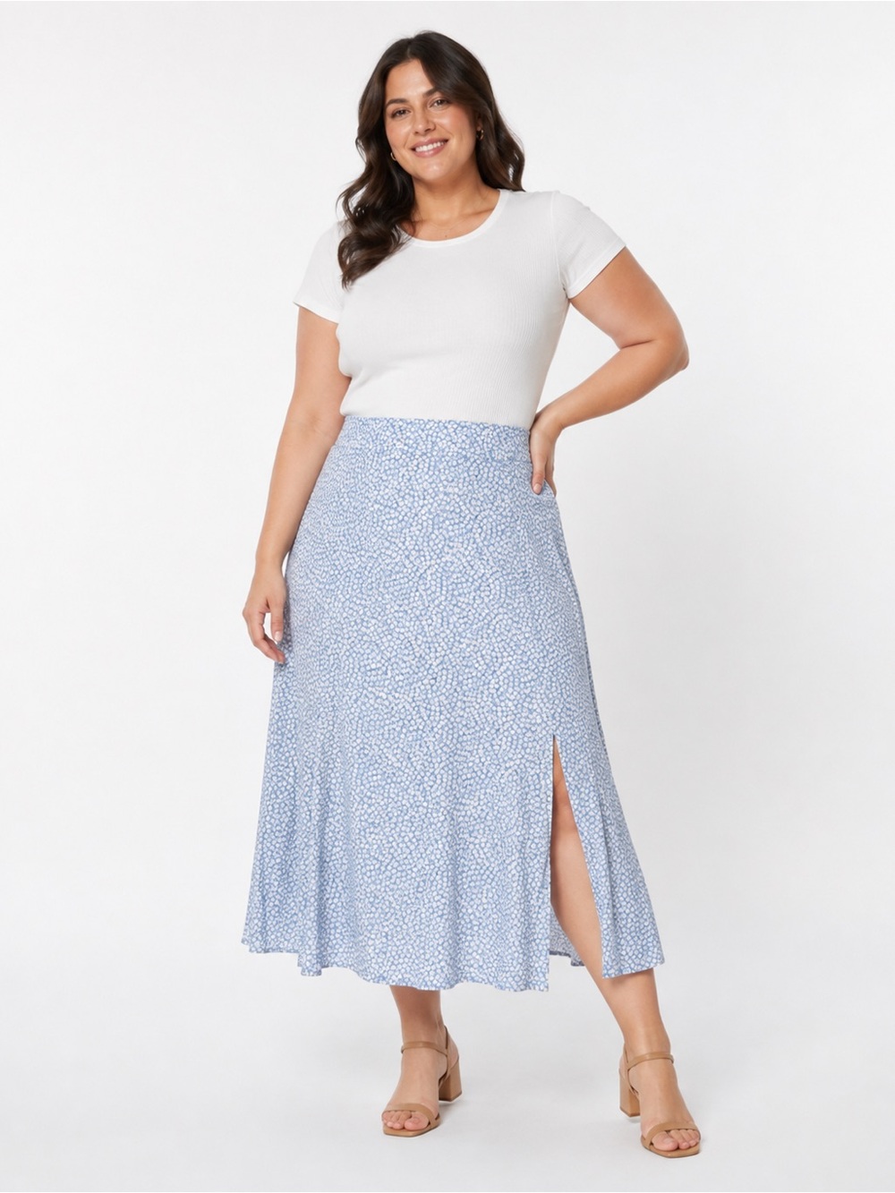 H&M Light Blue Small Floral Midi Skirt Size 12 Side Slit Lightweight